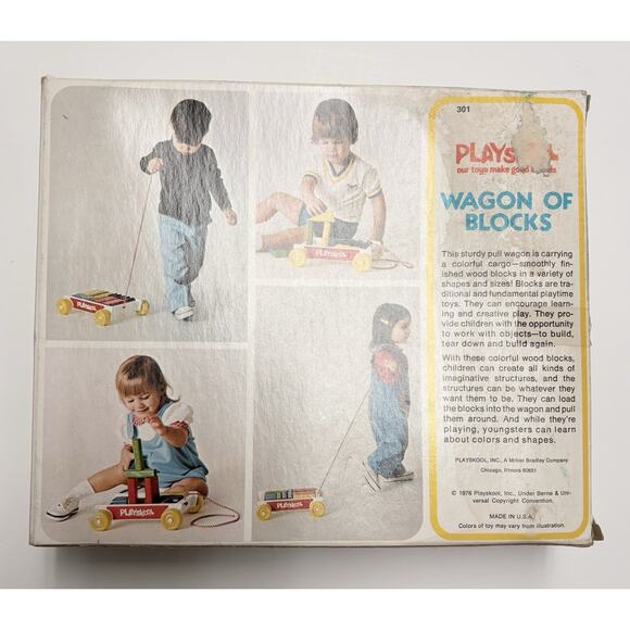 Vintage Playskool Wagon Of Blocks 1976 Wooden Building Shapes Colors Pull Along - Picture 6 of 6